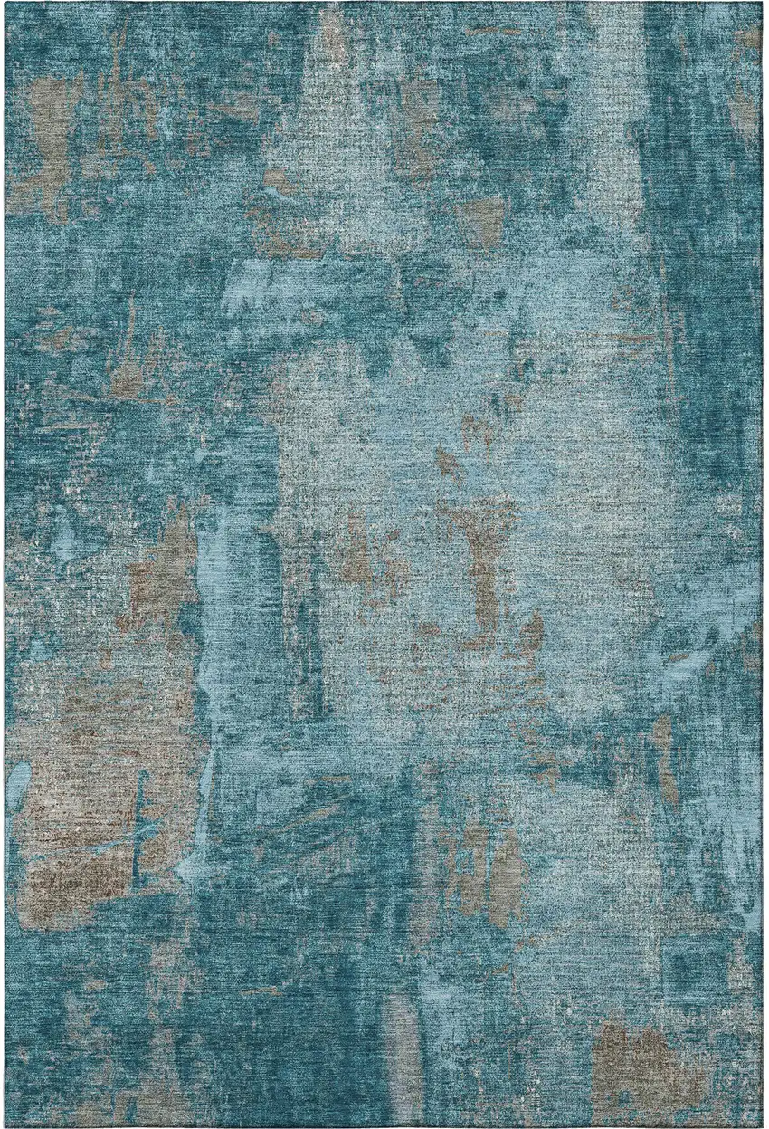 Teal And Taupe Abstract Washable Area Rug With UV Protection Photo 3