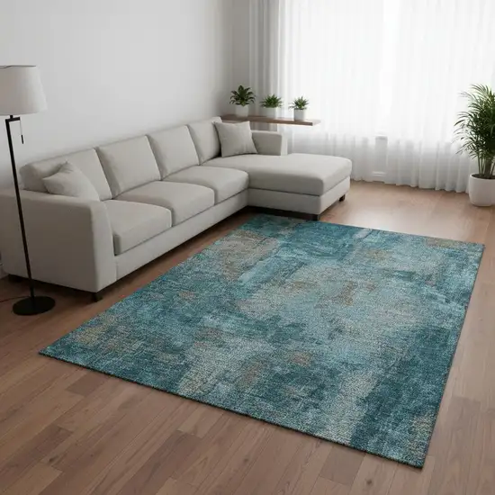 Teal And Taupe Abstract Washable Area Rug With UV Protection Photo 2