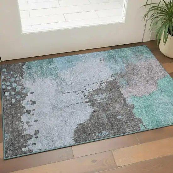 Teal And Taupe Abstract Washable Area Rug With UV Protection Photo 2