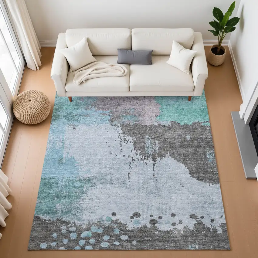 Teal And Taupe Abstract Washable Area Rug With UV Protection Photo 5