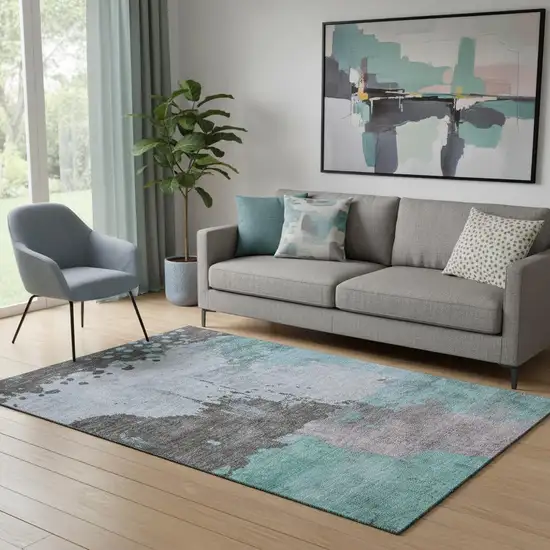 Teal And Taupe Abstract Washable Area Rug With UV Protection Photo 2