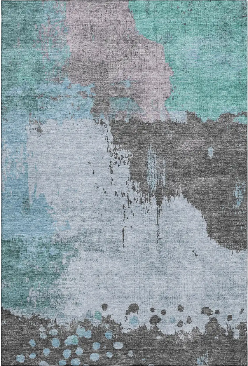 Teal And Taupe Abstract Washable Area Rug With UV Protection Photo 1