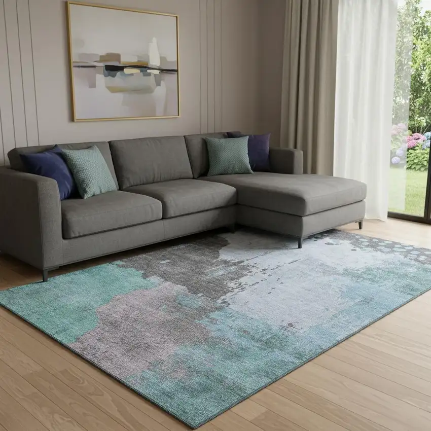 Teal And Taupe Abstract Washable Area Rug With UV Protection Photo 2