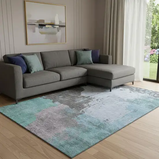 Teal And Taupe Abstract Washable Area Rug With UV Protection Photo 2