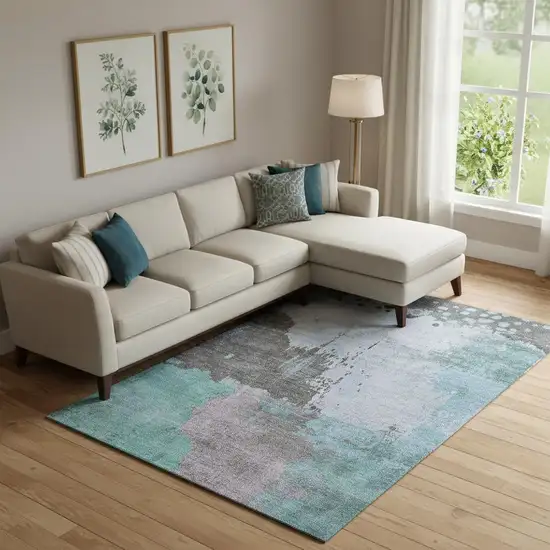 Teal And Taupe Abstract Washable Area Rug With UV Protection Photo 2