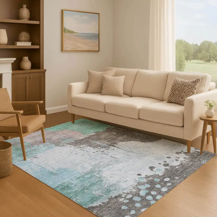 Teal And Taupe Abstract Washable Area Rug With UV Protection Photo 5