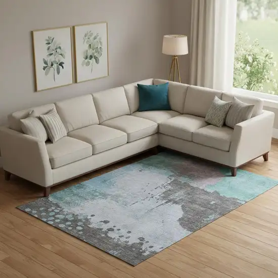 Teal And Taupe Abstract Washable Area Rug With UV Protection Photo 2