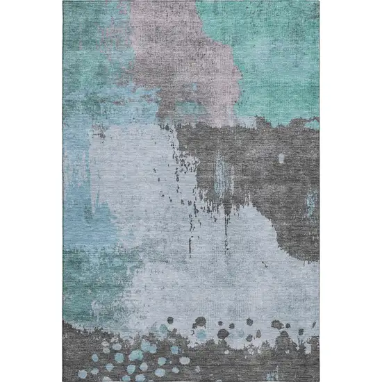 Teal And Taupe Abstract Washable Area Rug With UV Protection Photo 1