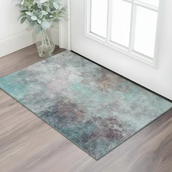Teal And Taupe Abstract Washable Area Rug With UV Protection Photo 2