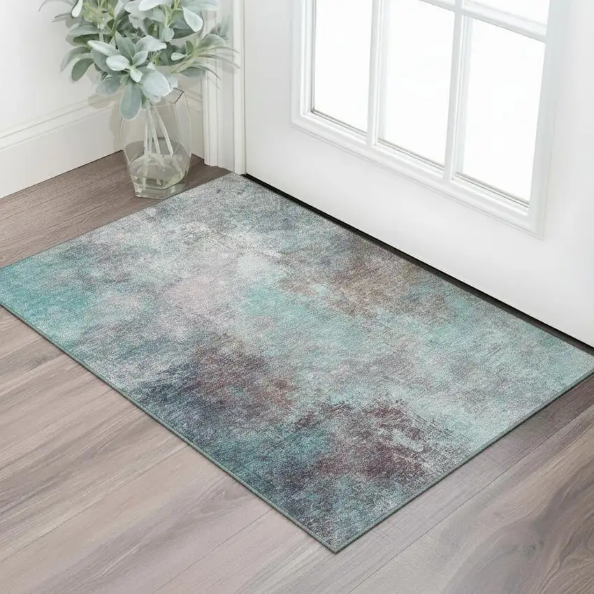 Teal And Taupe Abstract Washable Area Rug With UV Protection Photo 2
