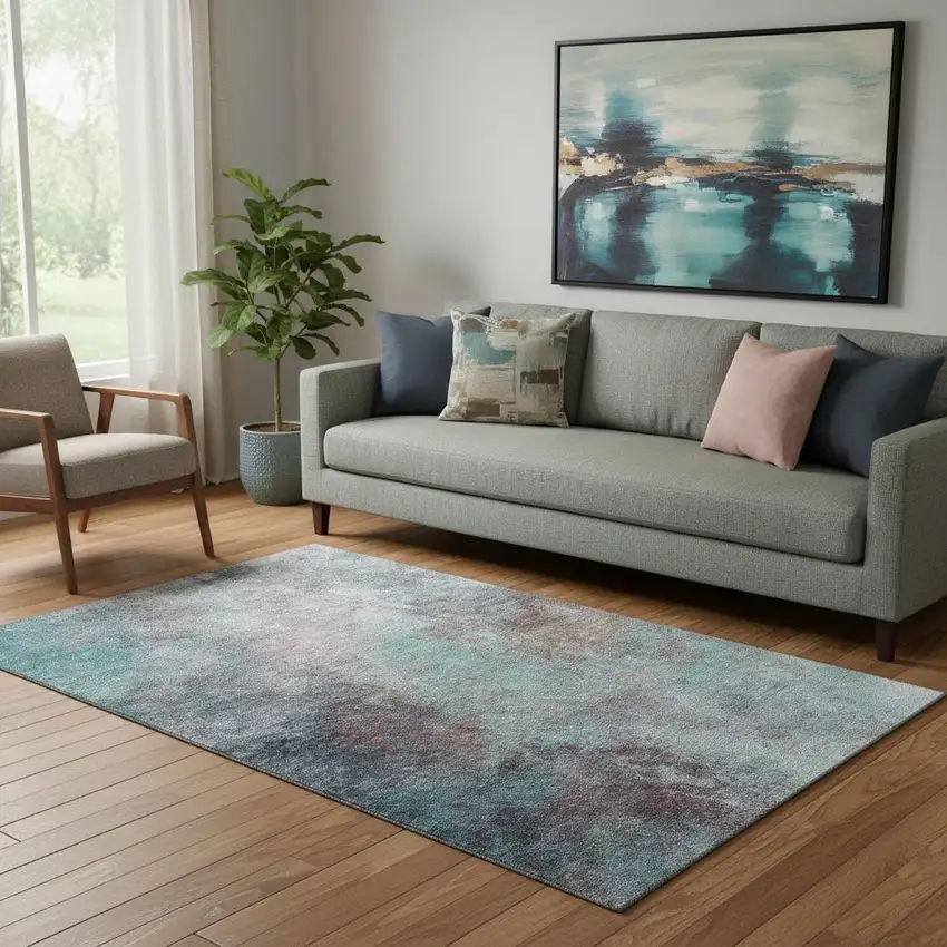 Teal And Taupe Abstract Washable Area Rug With UV Protection Photo 2