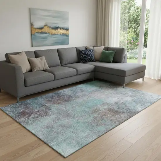 Teal And Taupe Abstract Washable Area Rug With UV Protection Photo 2