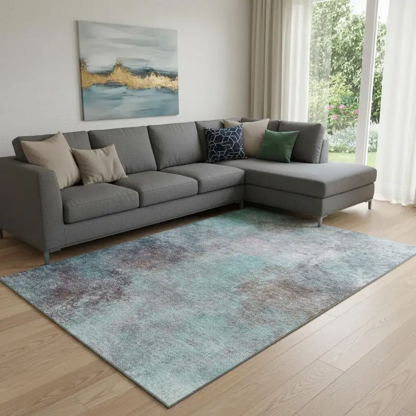 Teal And Taupe Abstract Washable Area Rug With UV Protection Photo 2
