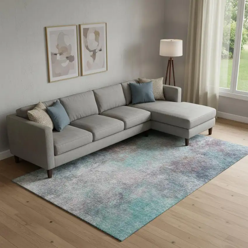 Teal And Taupe Abstract Washable Area Rug With UV Protection Photo 2