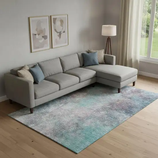 Teal And Taupe Abstract Washable Area Rug With UV Protection Photo 2
