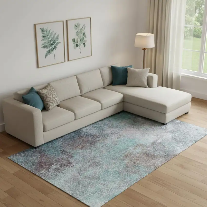 Teal And Taupe Abstract Washable Area Rug With UV Protection Photo 2
