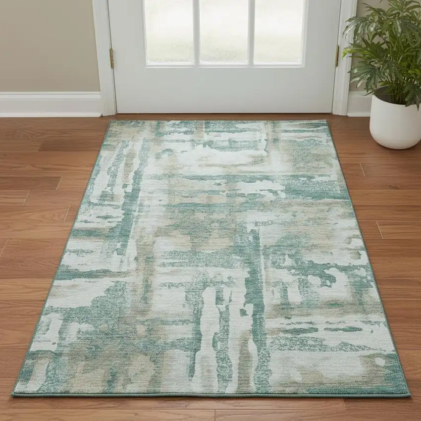 Teal And Taupe Abstract Washable Area Rug With UV Protection Photo 2