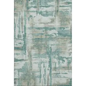 Photo of Teal And Taupe Abstract Washable Area Rug With UV Protection