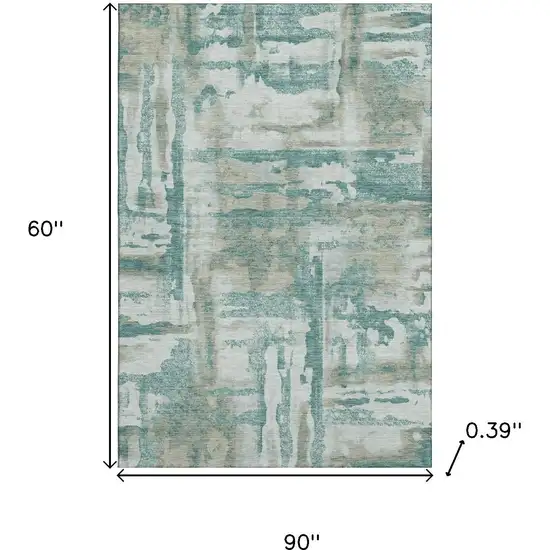 Teal And Taupe Abstract Washable Area Rug With UV Protection Photo 9