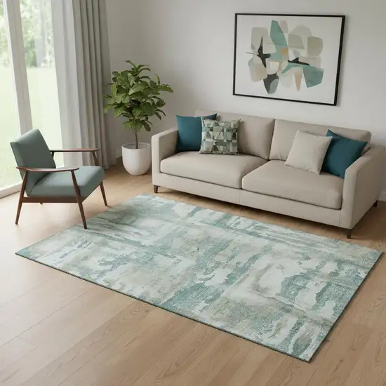 Teal And Taupe Abstract Washable Area Rug With UV Protection Photo 2