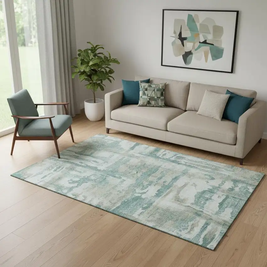 Teal And Taupe Abstract Washable Area Rug With UV Protection Photo 2