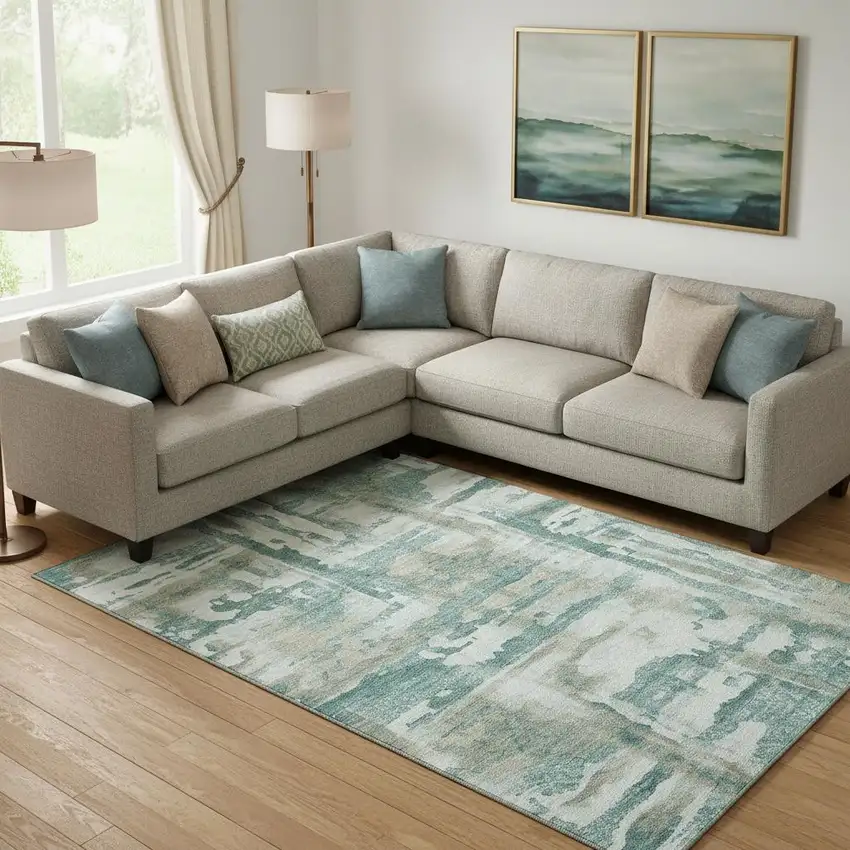 Teal And Taupe Abstract Washable Area Rug With UV Protection Photo 2