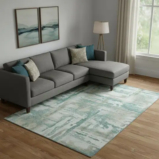 Teal And Taupe Abstract Washable Area Rug With UV Protection Photo 2