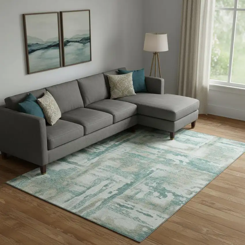 Teal And Taupe Abstract Washable Area Rug With UV Protection Photo 2