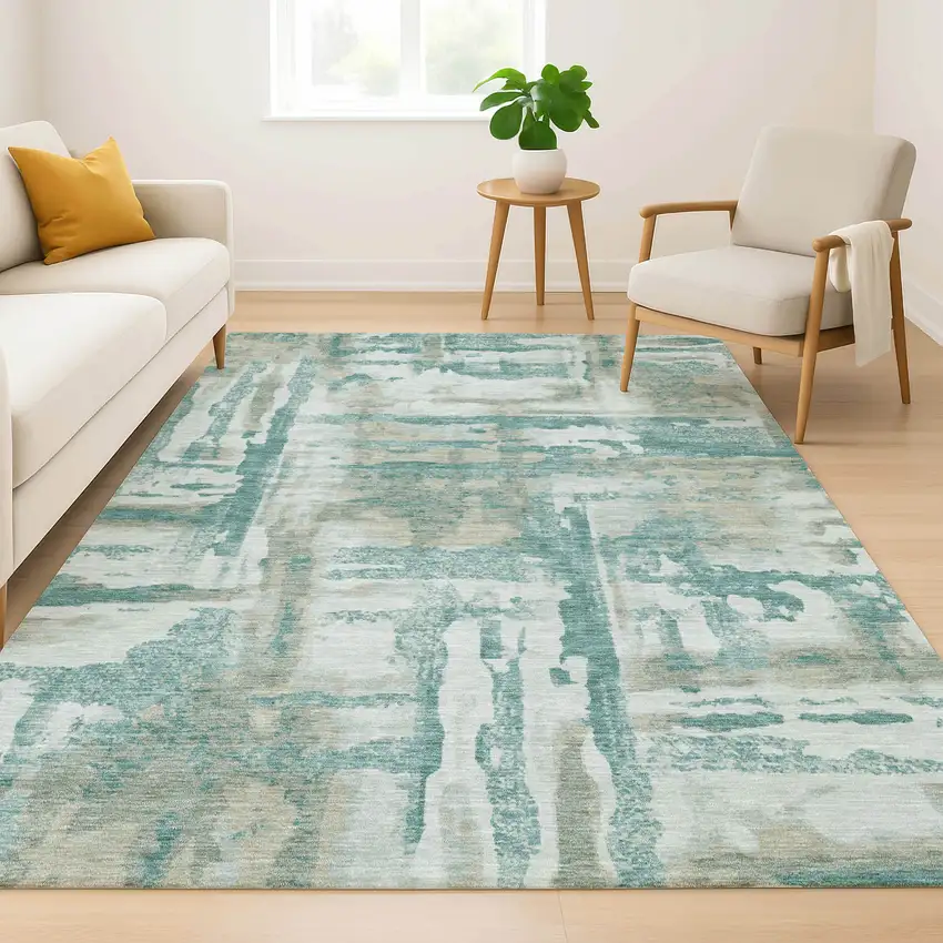 Teal And Taupe Abstract Washable Area Rug With UV Protection Photo 6
