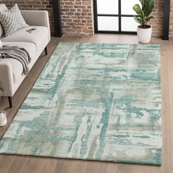 Teal And Taupe Abstract Washable Area Rug With UV Protection Photo 5