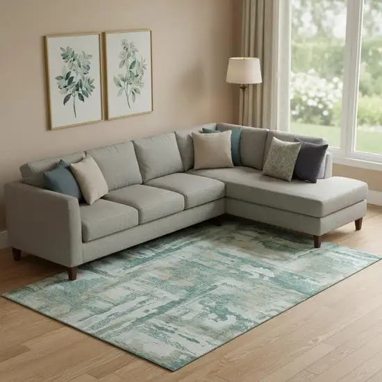 Teal And Taupe Abstract Washable Area Rug With UV Protection Photo 2