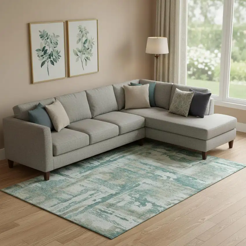 Teal And Taupe Abstract Washable Area Rug With UV Protection Photo 2