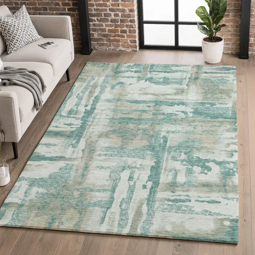 Teal And Taupe Abstract Washable Area Rug With UV Protection Photo 5