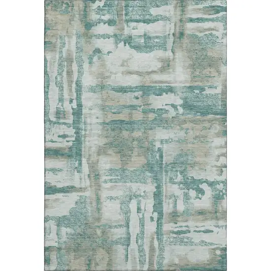 Teal And Taupe Abstract Washable Area Rug With UV Protection Photo 1