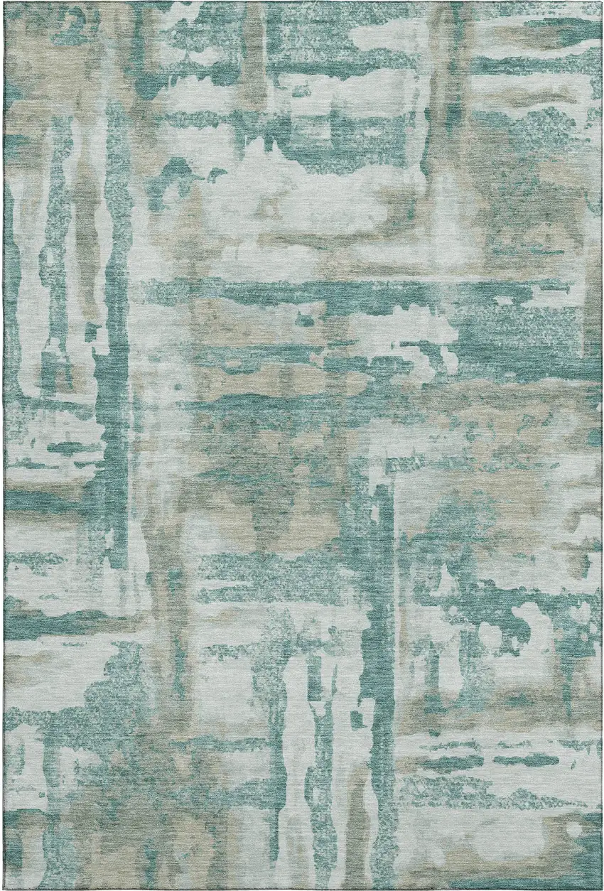 Teal And Taupe Abstract Washable Area Rug With UV Protection Photo 1