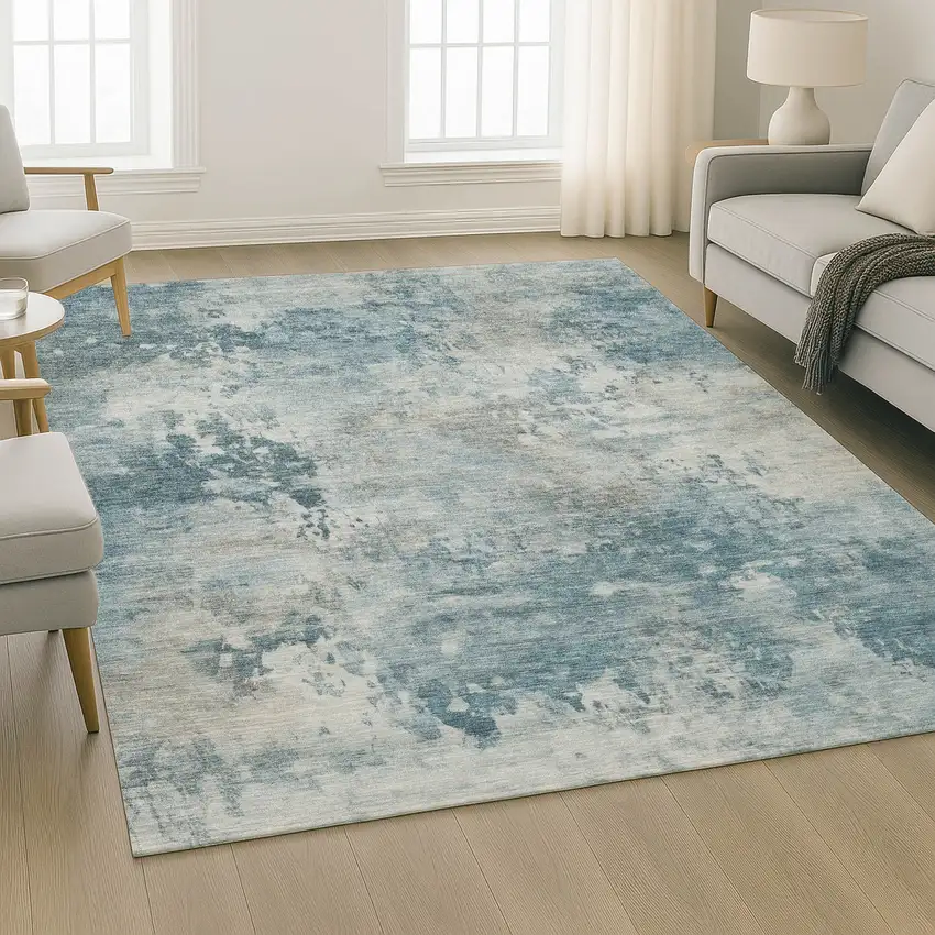 Teal And Taupe Abstract Washable Area Rug With UV Protection Photo 6