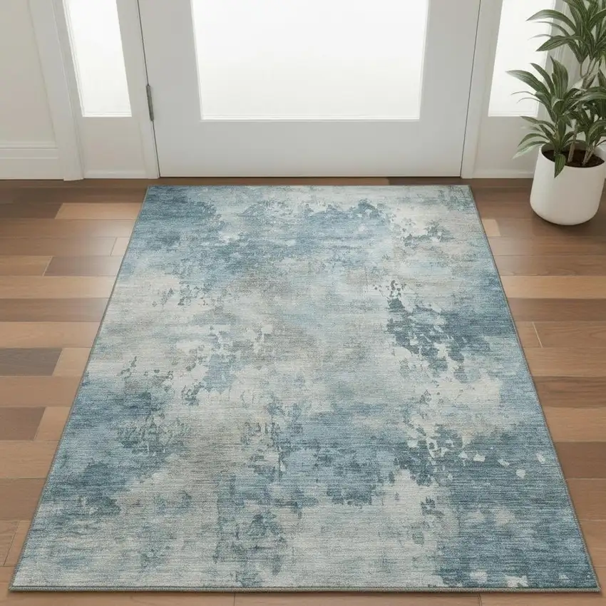 Teal And Taupe Abstract Washable Area Rug With UV Protection Photo 2