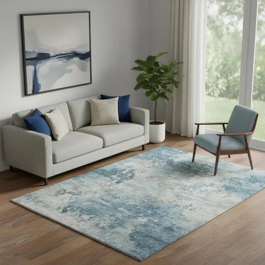 Teal And Taupe Abstract Washable Area Rug With UV Protection Photo 2