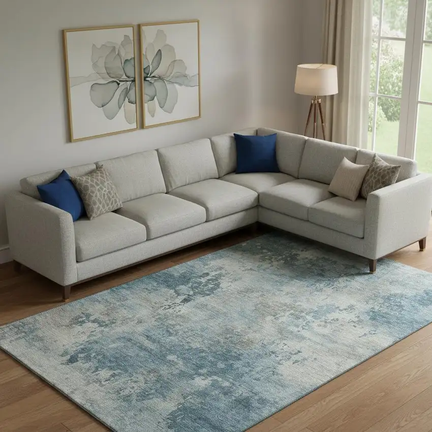 Teal And Taupe Abstract Washable Area Rug With UV Protection Photo 2