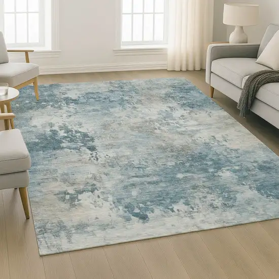 Teal And Taupe Abstract Washable Area Rug With UV Protection Photo 6