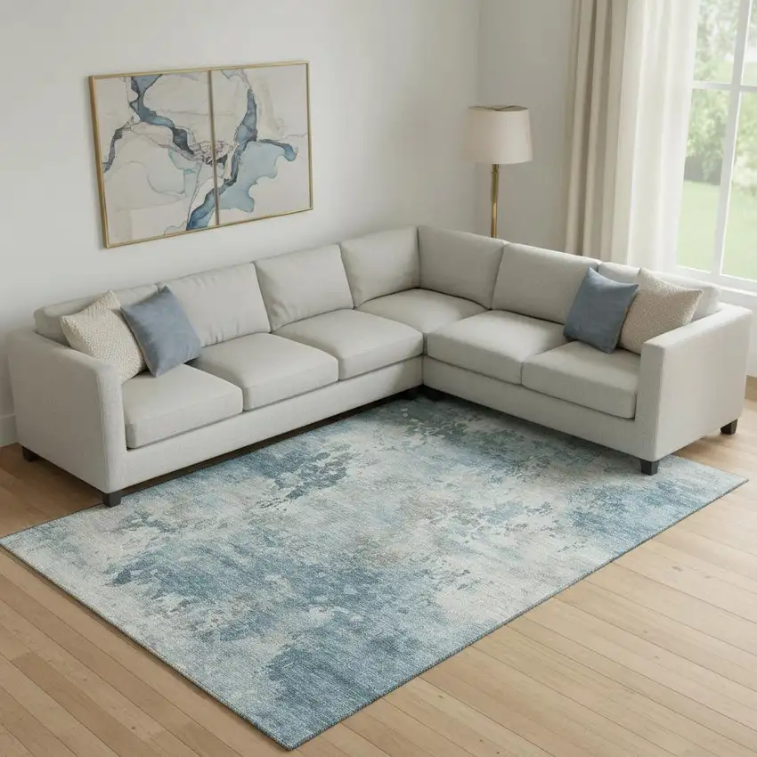 Teal And Taupe Abstract Washable Area Rug With UV Protection Photo 2