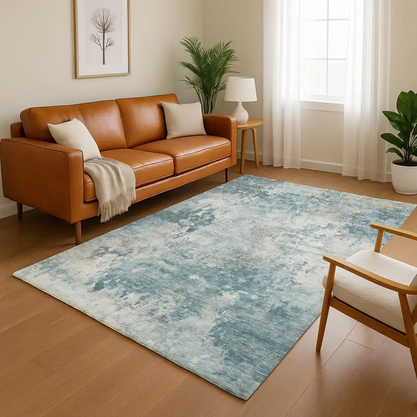 Teal And Taupe Abstract Washable Area Rug With UV Protection Photo 4