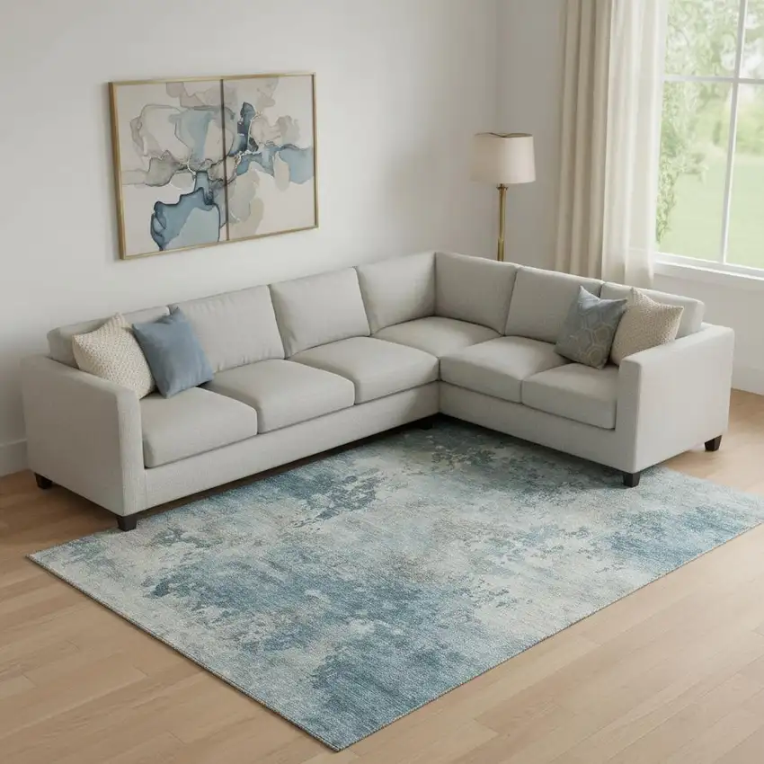 Teal And Taupe Abstract Washable Area Rug With UV Protection Photo 2