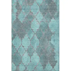 Photo of Teal And Taupe Damask Washable Area Rug With UV Protection