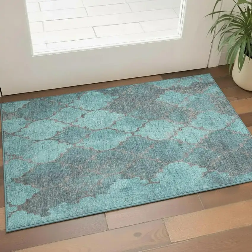 Teal And Taupe Damask Washable Area Rug With UV Protection Photo 2
