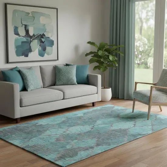 Teal And Taupe Damask Washable Area Rug With UV Protection Photo 2