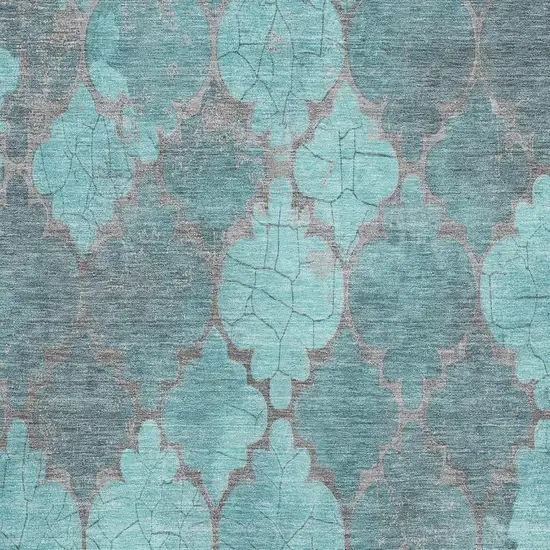 Teal And Taupe Damask Washable Area Rug With UV Protection Photo 2