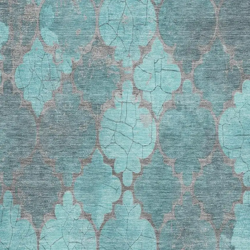 Teal And Taupe Damask Washable Area Rug With UV Protection Photo 2