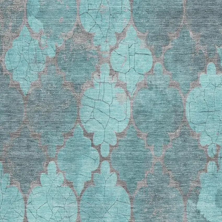 Teal And Taupe Damask Washable Area Rug With UV Protection Photo 2