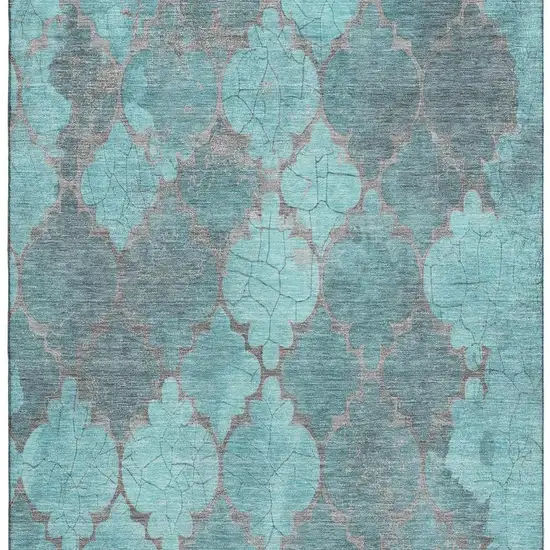 Teal And Taupe Damask Washable Area Rug With UV Protection Photo 3